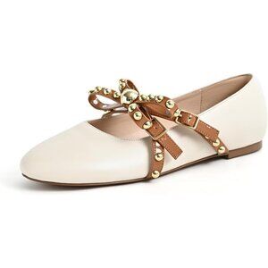 SICARE Mary Jane White Flats Ballet Flats Shoes Pearl Embellished Bow Loafer